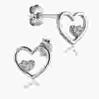 Серебряные серьги-пусеты в форме сердец с камнем фианита